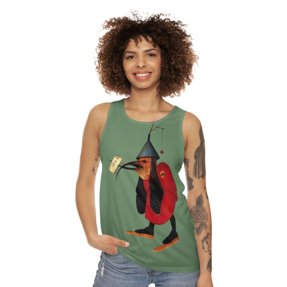 Bosch Bird with Letter Unisex Tank Top featuring a vintage Hieronymus Bosch inspired illustration - women