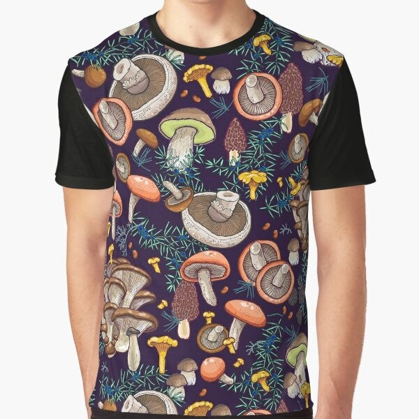 Dark forest graphic t-shirt with botanical fungi and nature elements