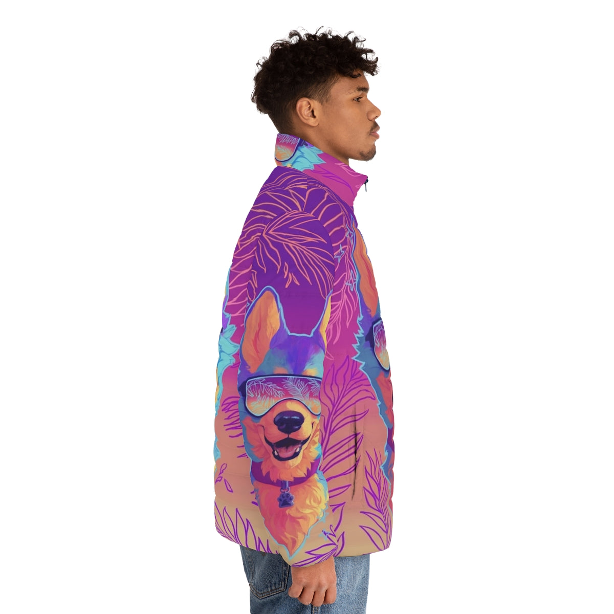 A vibrant and shimmering puffer jacket featuring an anthro sparkle dog design in a vaporwave aesthetic. - men side right