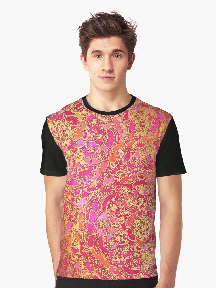 Hot pink and gold baroque floral pattern graphic t-shirt - Men