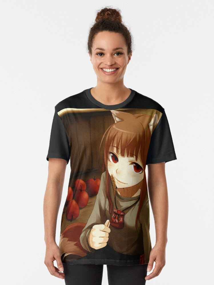 Horo, the wise wolf from the anime Spice and Wolf, featured on a graphic t-shirt design. - Women