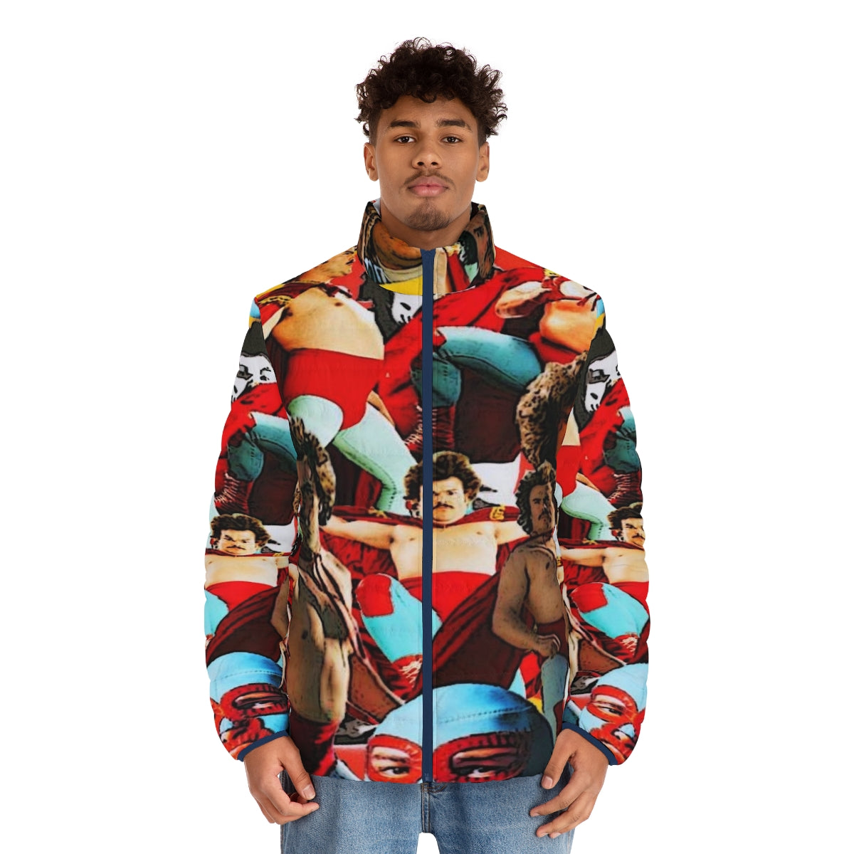 Nacho Libre-inspired puffer jacket with luchador design - men front