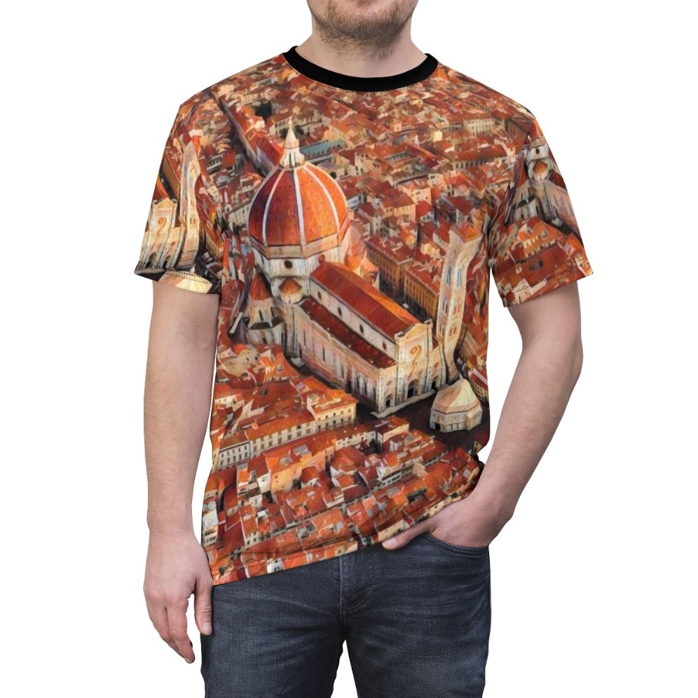 Photograph of Florence, Italy's historic skyline and cathedral on an all-over print t-shirt - men front