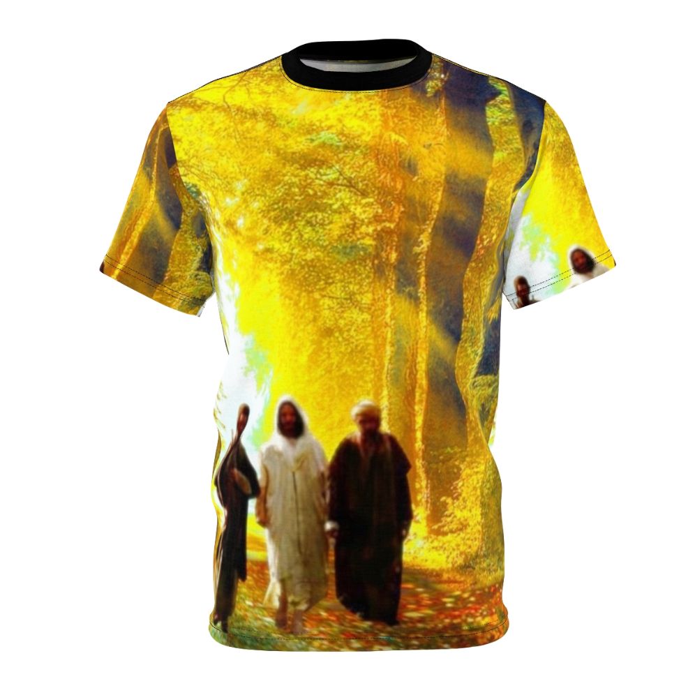 Inspirational Road to Emmaus Easter Christian T-Shirt design featuring a biblical scene with Jesus and disciples on the road to Emmaus.