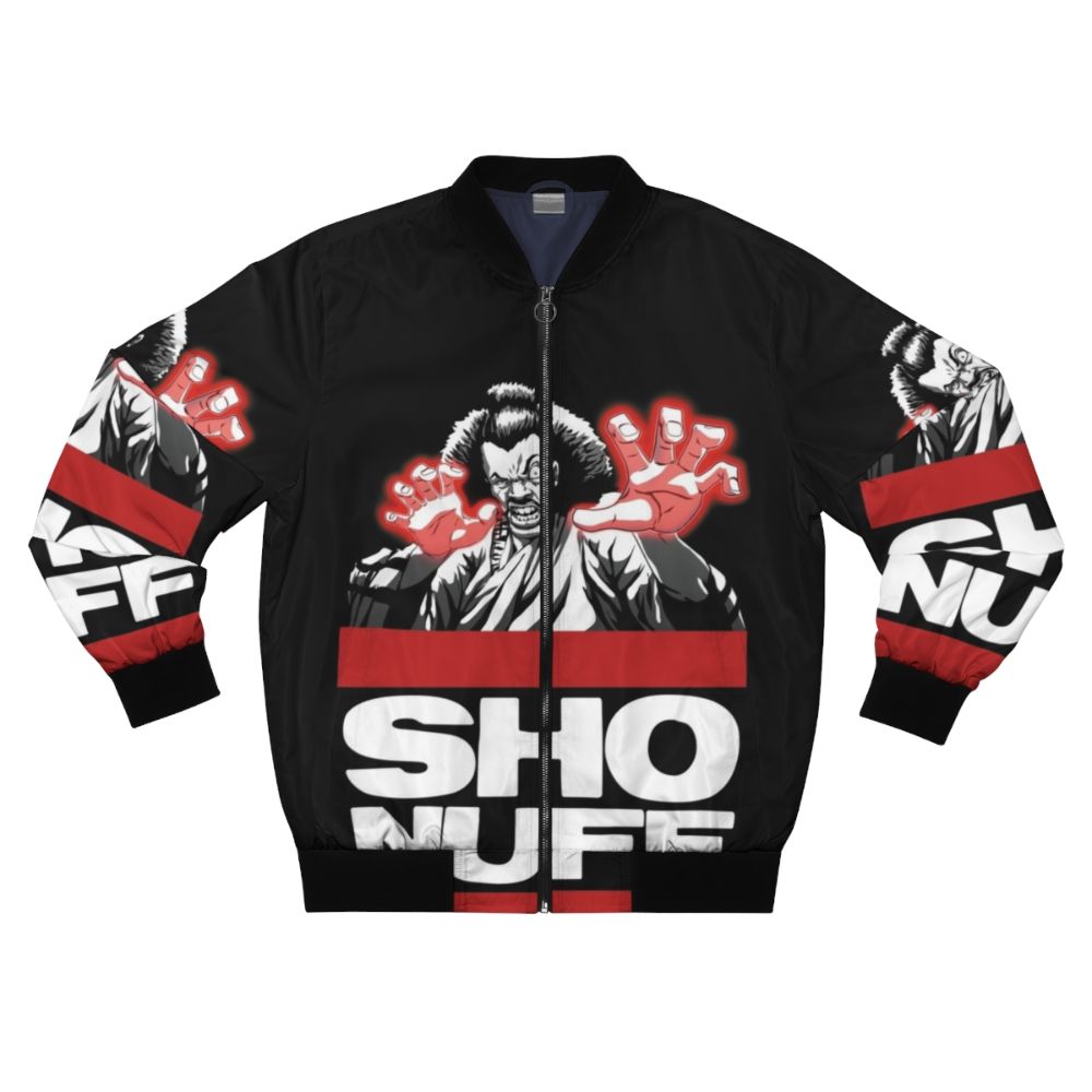 Vintage-style Shonuff bomber jacket featuring a graphic design inspired by the cult classic film "The Last Dragon"