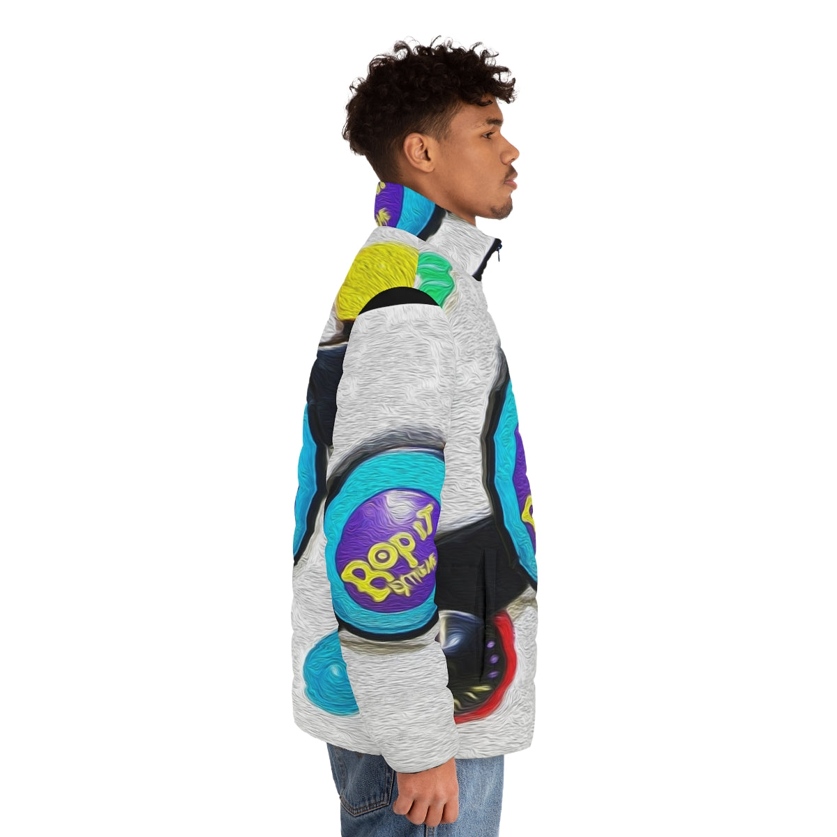 Bop It Extreme Retro Puffer Jacket in colorful design - men side right