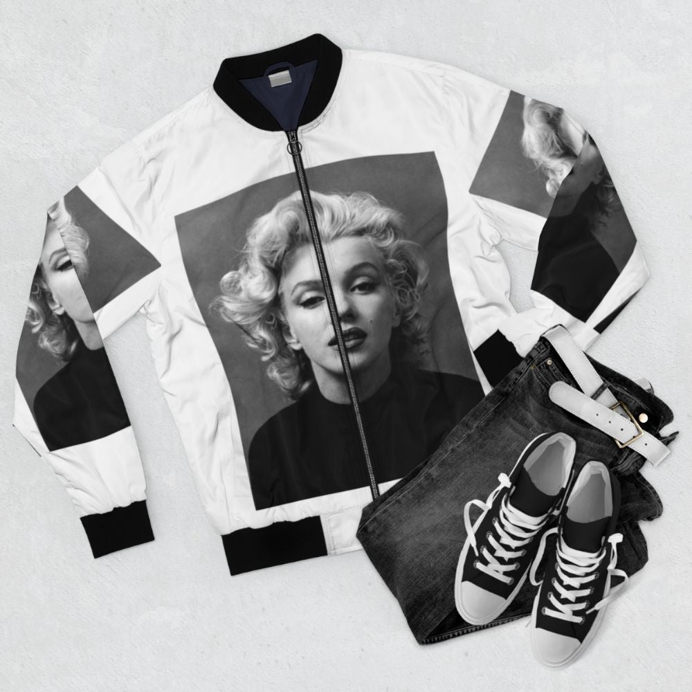 Vintage black and white bomber jacket featuring Marilyn Monroe's iconic image - Flat lay