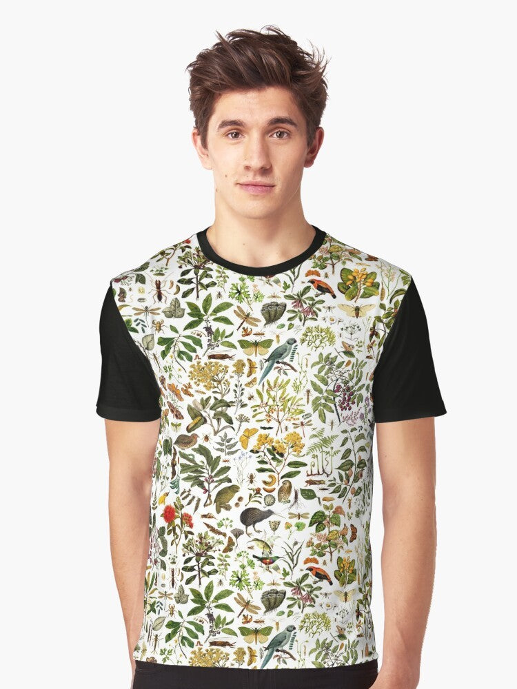 New Zealand biology graphic t-shirt with a collage design featuring butterflies, birds, insects, and native flora and fauna. - Men