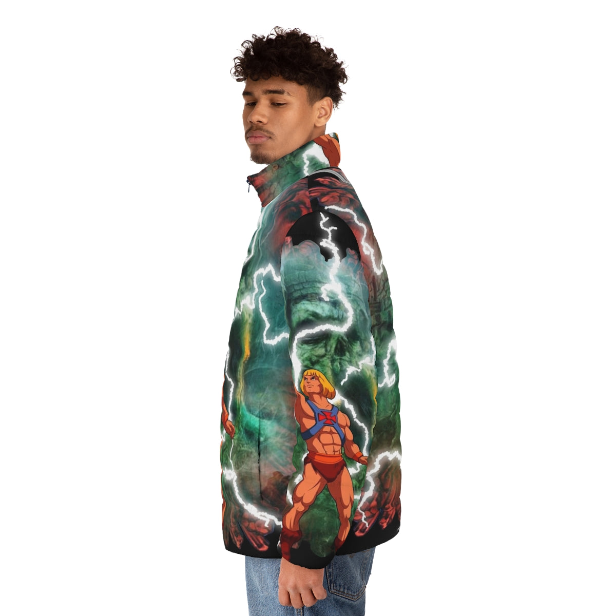 Retro art puffer jacket featuring He-Man and the Masters of the Universe characters - men side left