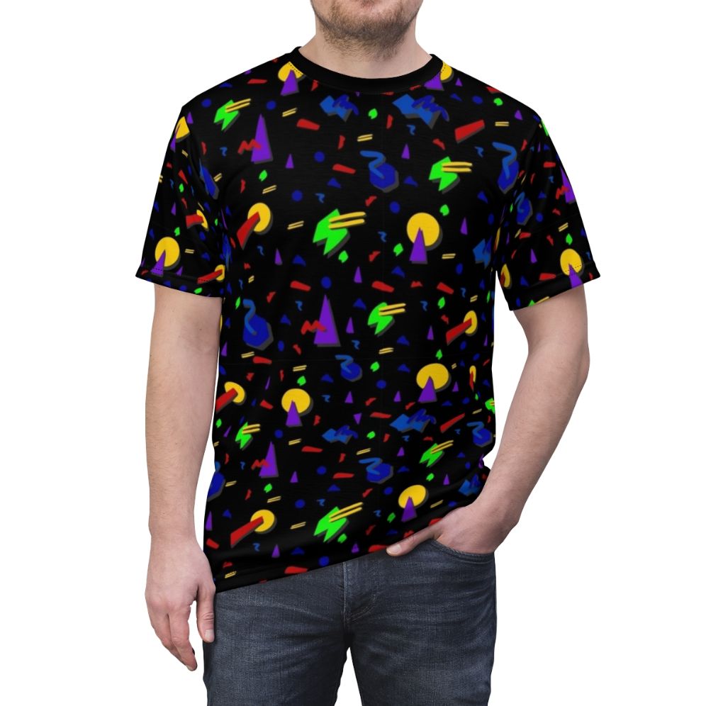 Vibrant 90s inspired graphic t-shirt with a glow in the dark, blacklight reactive confetti pattern design - men front