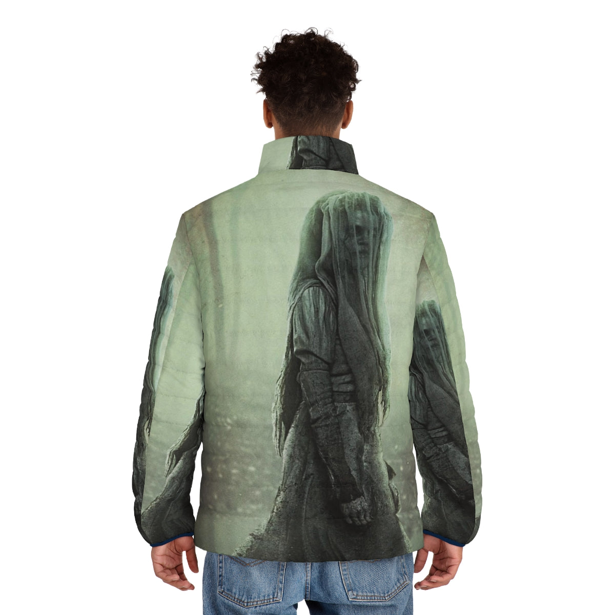 La Llorona Halloween Puffer Jacket featuring haunted forest creatures - men back