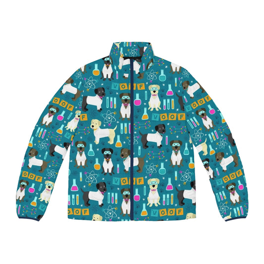 A puffer jacket with a design featuring a dog in a lab coat, beakers, and other scientific elements