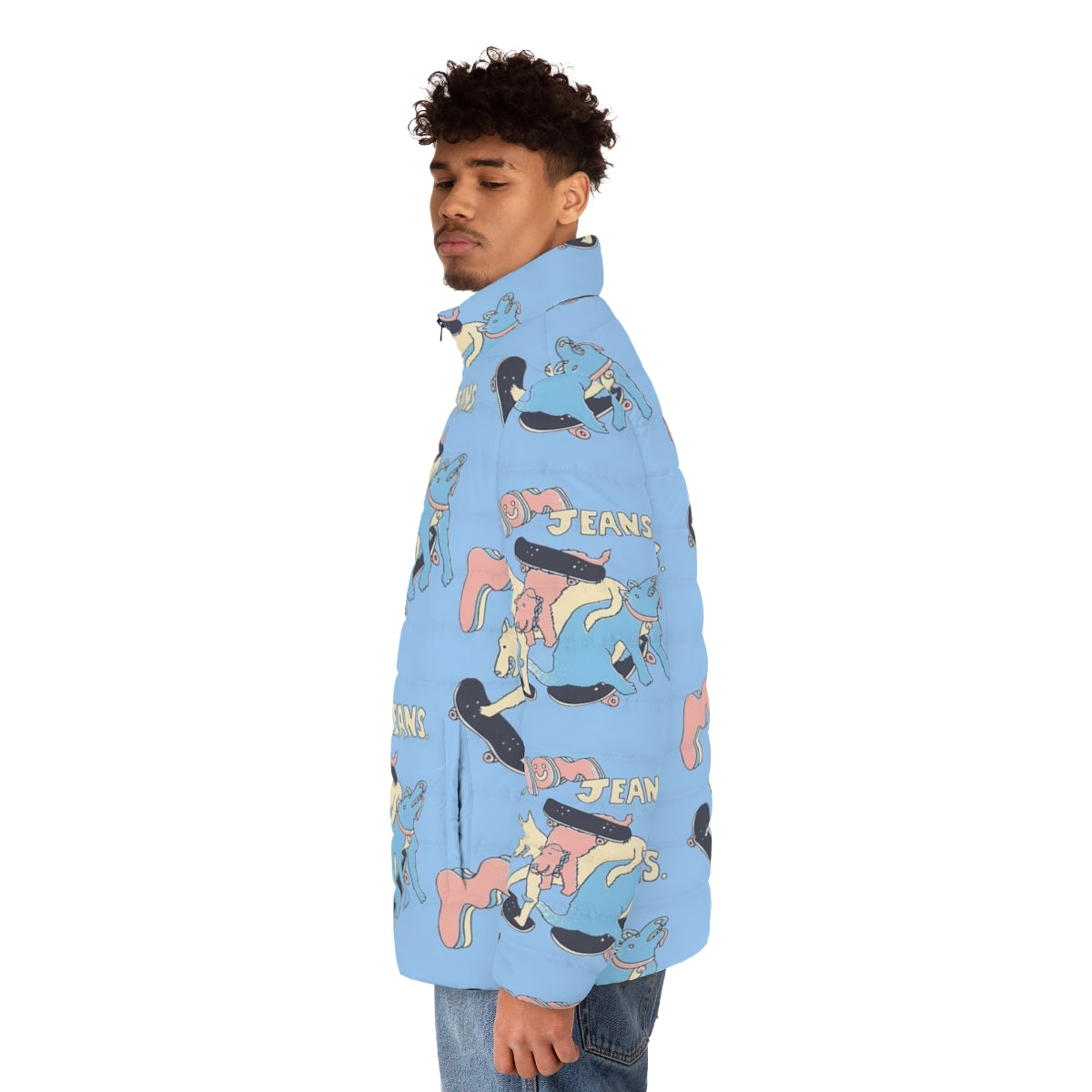 Colorful puffer jacket with mom jeans band and puppy love design - men side left