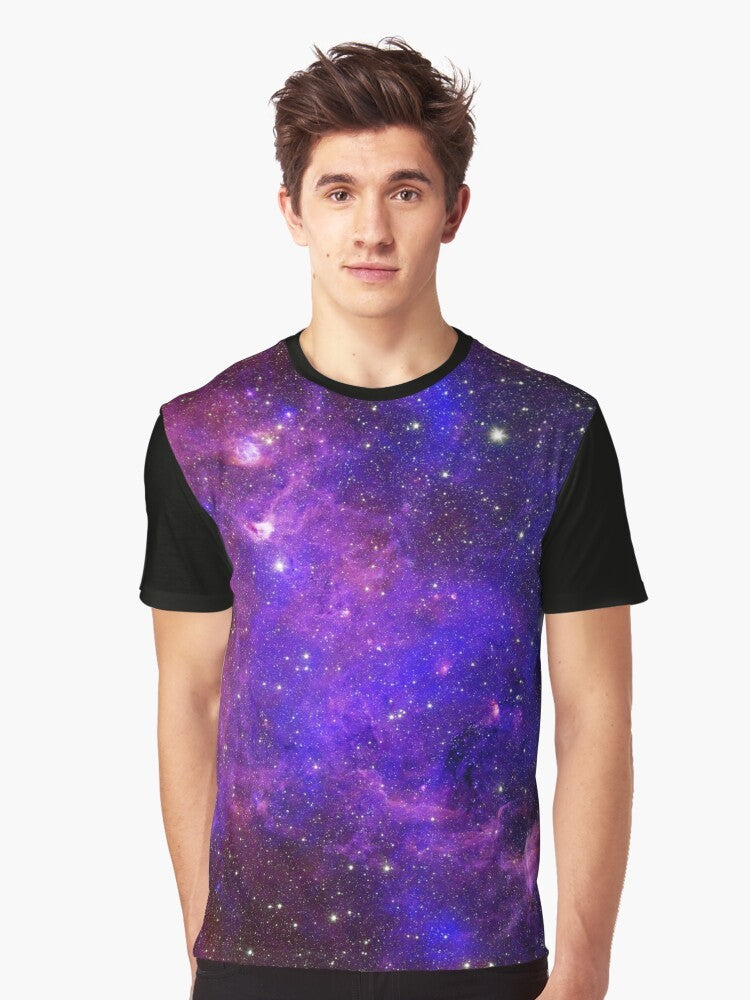 A colorful galaxy-inspired graphic t-shirt with stars, planets, and cosmic elements. - Men