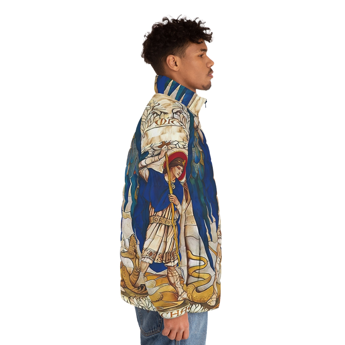 Puffer jacket featuring an image of Archangel Michael, the patron saint of protection against evil - men side right