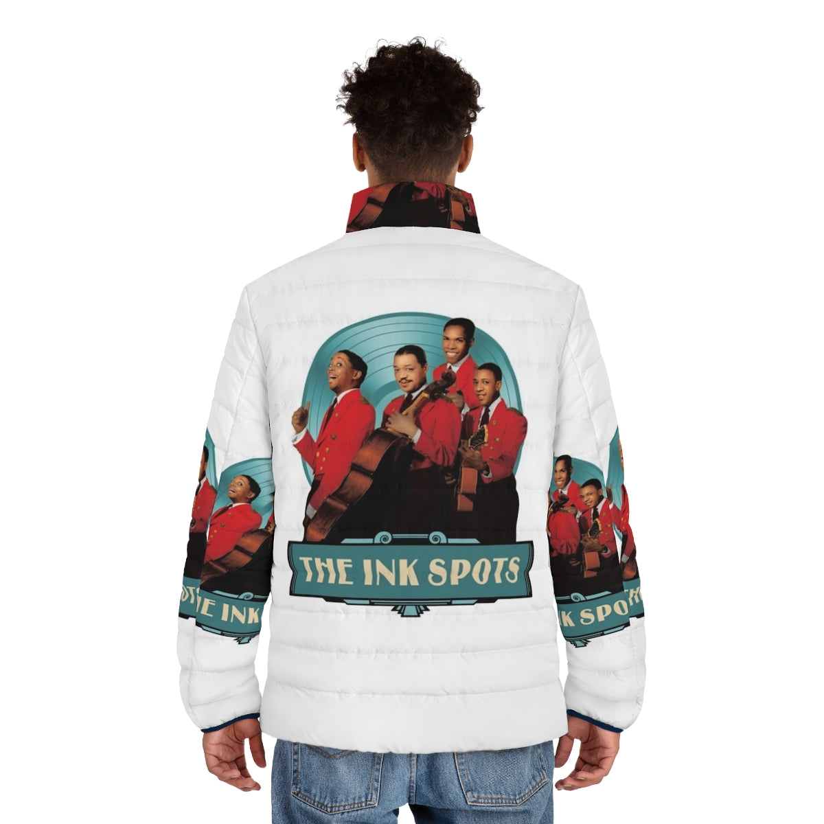 Vintage-inspired puffer jacket featuring The Ink Spots, a classic American pop vocal group - men back