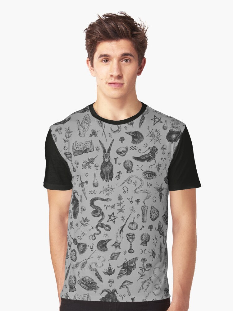 A graphic t-shirt featuring a salem witch design with a rabbit, snake, and crow in a spooky, gothic style. - Men