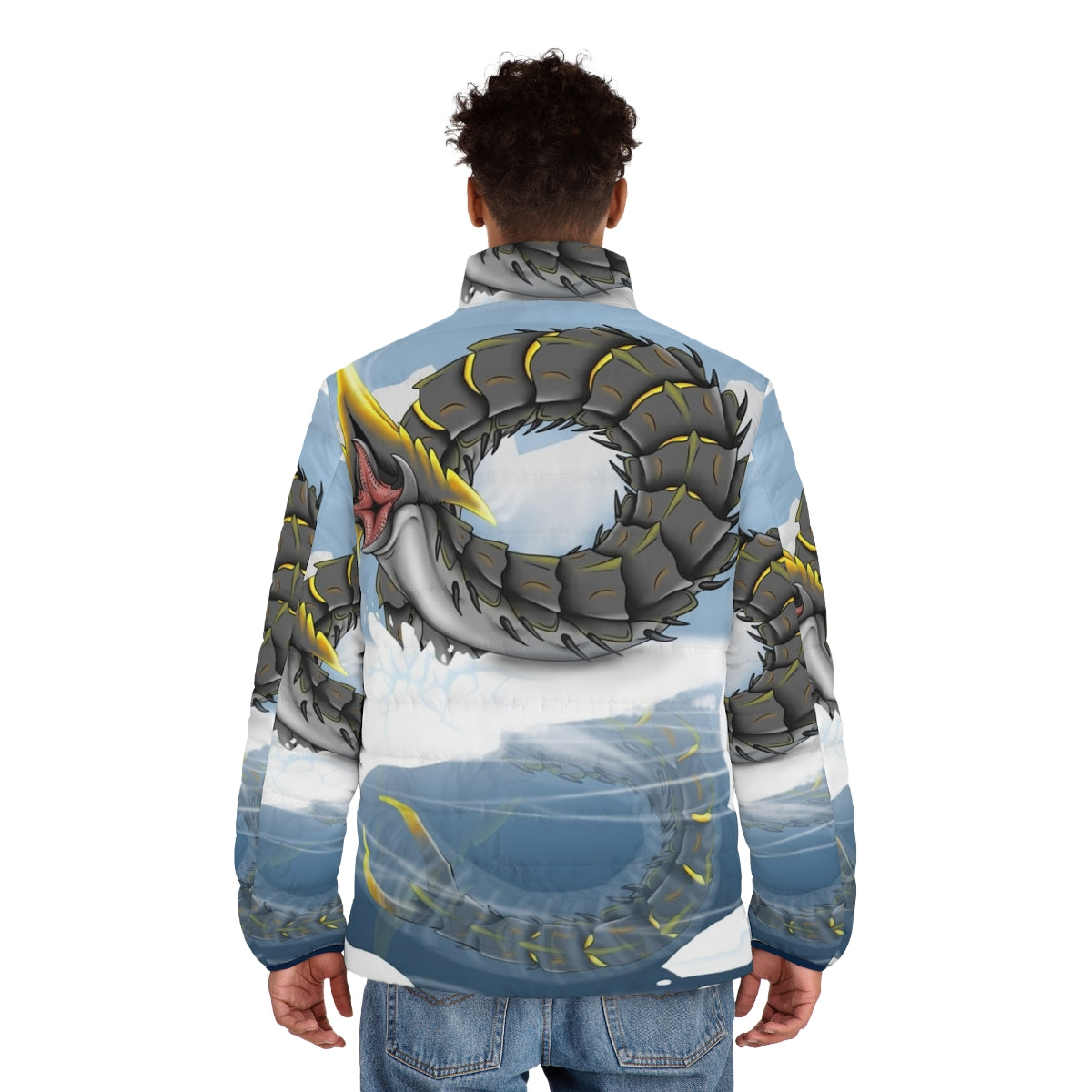 Subnautica inspired puffer jacket featuring an ice worm design - men back