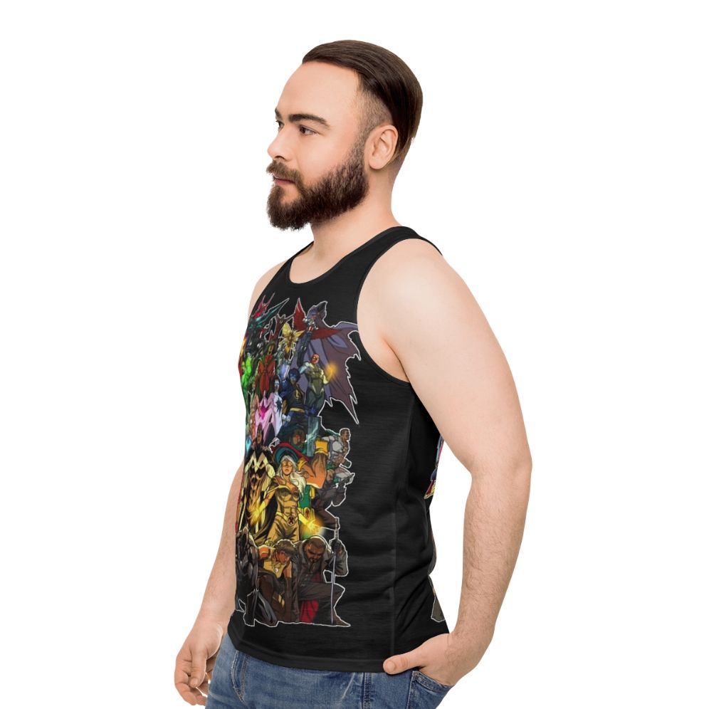 Unisex tank top featuring a graphic design celebrating heroes of color - men side