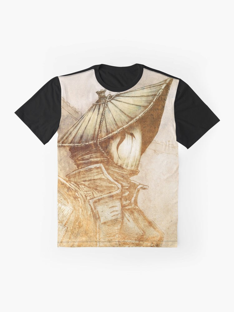 Nobushi warrior graphic t-shirt with a textured and weathered design - Flat lay