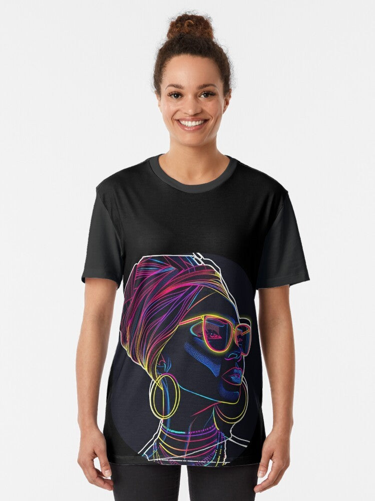 Radiant Queen Graphic T-Shirt featuring a vibrant neon portrait of an African beauty with glowing silhouette and luminous lines. - Women