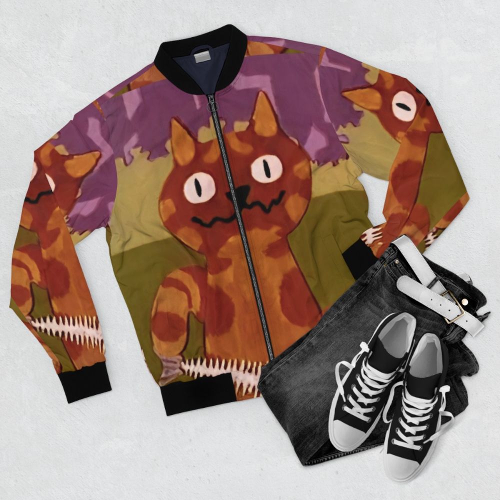 Vintage 1970s bomber jacket featuring Charley the Cat from the iconic public information films - Flat lay