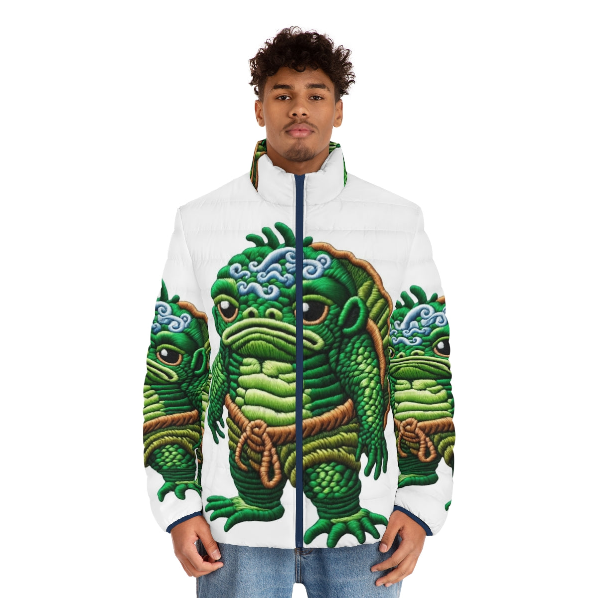 Embroidered puffer jacket featuring the kappa, a legendary Japanese mythical creature - men front