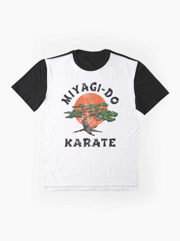 Vintage-style "Miyagi Do Karate" graphic t-shirt with distressed design, featuring karate kid and martial arts elements. - Flat lay