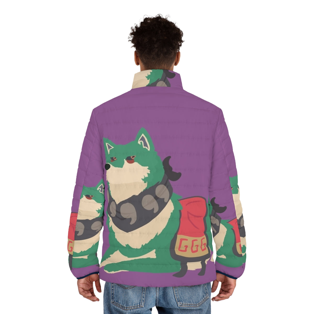 Loopy Toad puffer jacket for dogs, featuring an anime-inspired design - men back