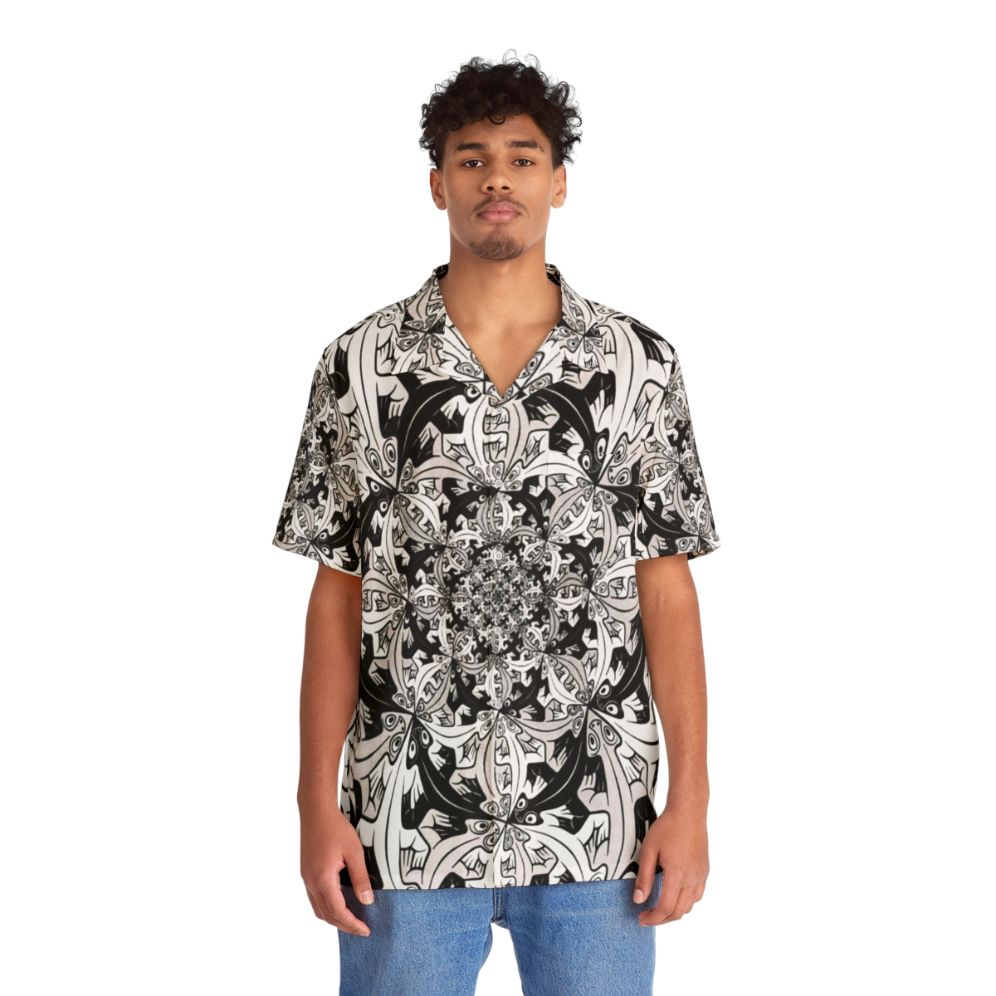 M C Escher inspired Hawaiian shirt with surreal graphic patterns - People Front