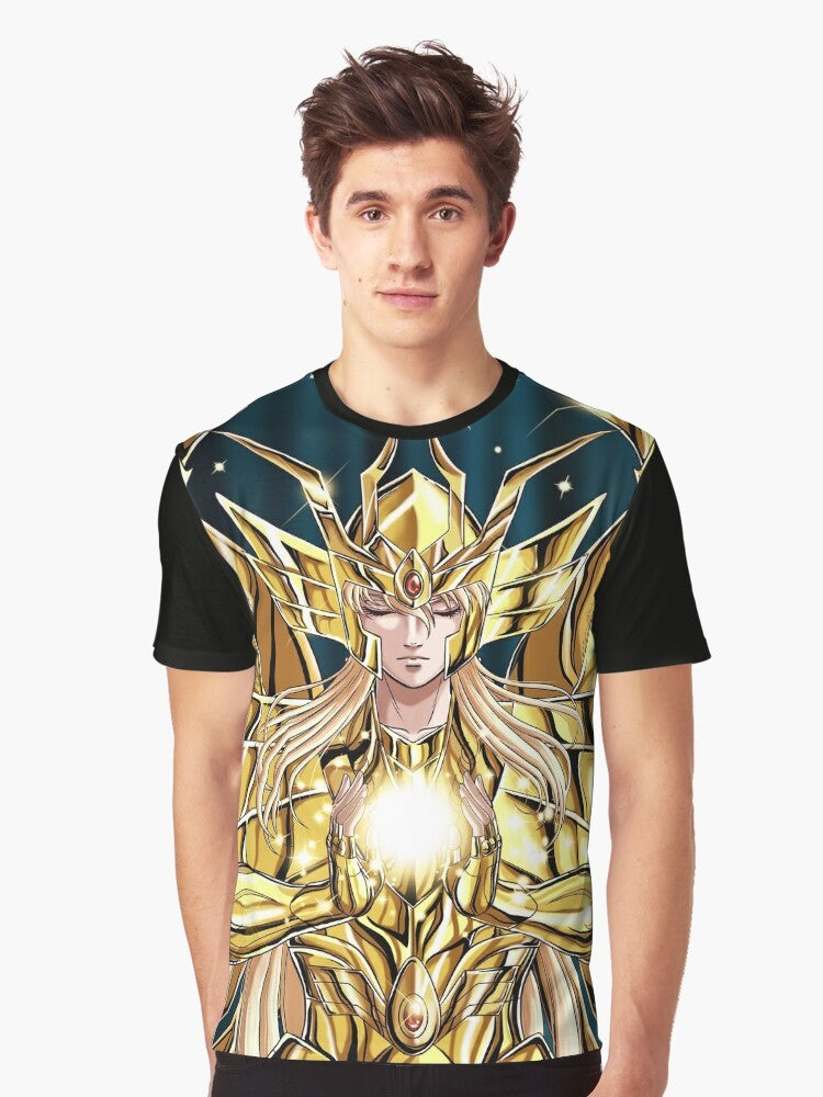 Virgo Shaka from the anime Saint Seiya wearing a distinctive graphic design t-shirt - Men