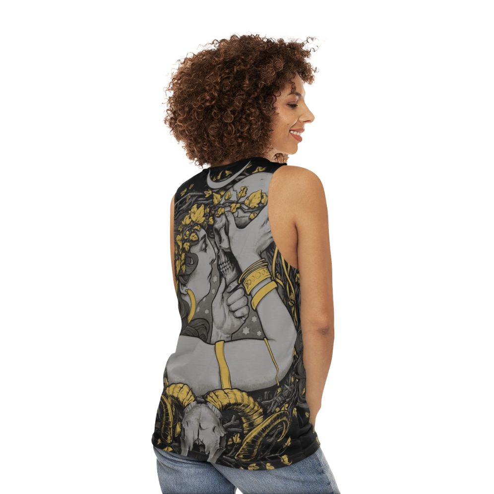 Unisex witch tank top with gothic botanical skull design - women back