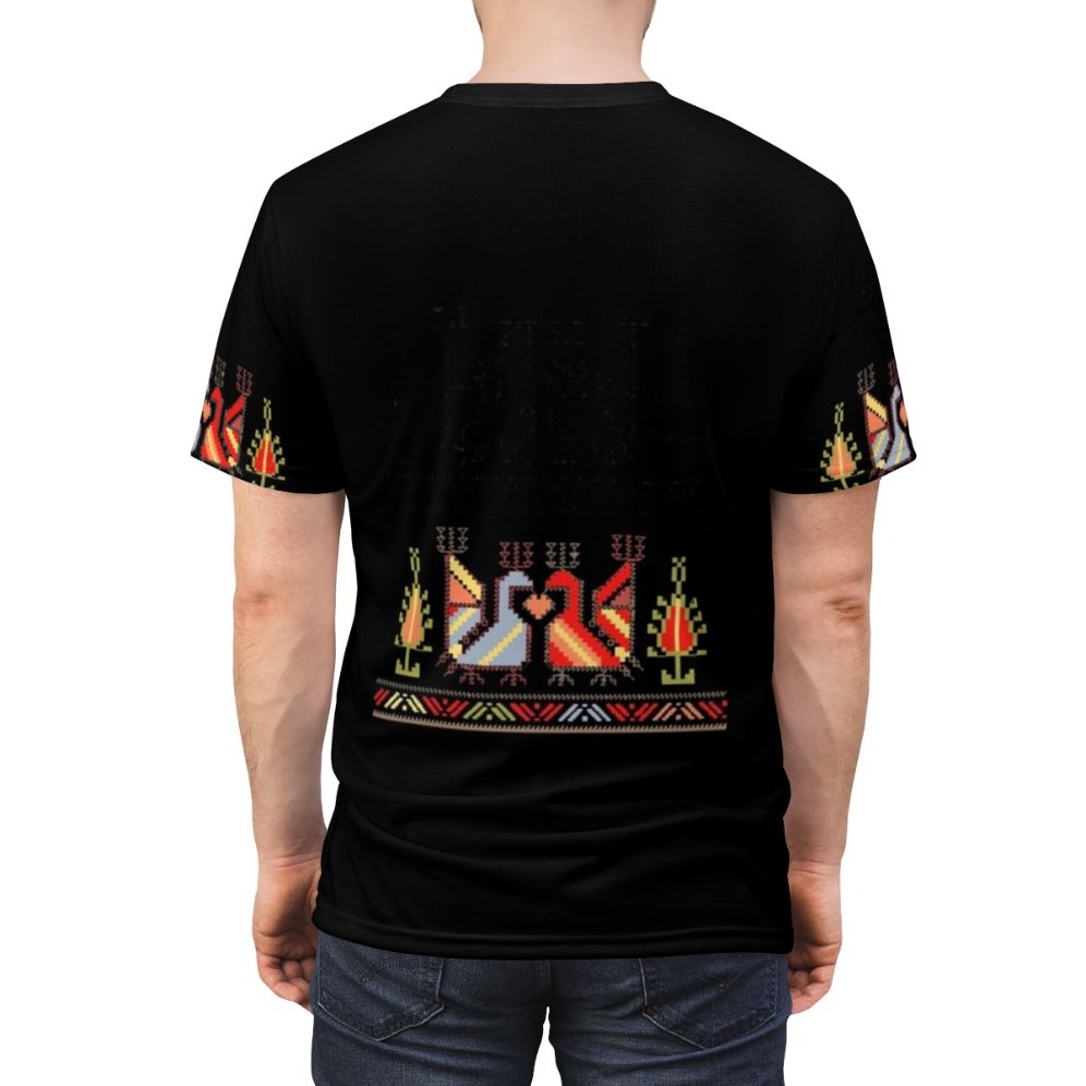 Model wearing a t-shirt with Bulgarian folk art floral design - men back