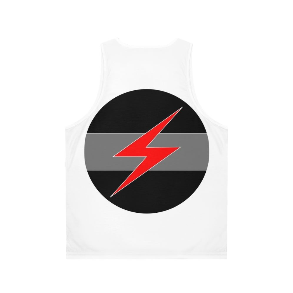 Grey unisex tank top with Throbbing Gristle industrial music band logo - Back