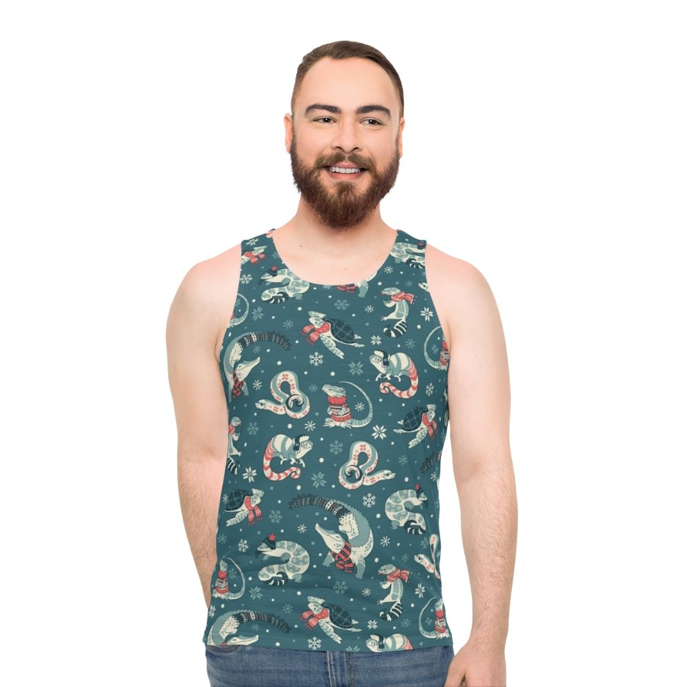 Dark blue unisex tank top with winter herp pattern - men