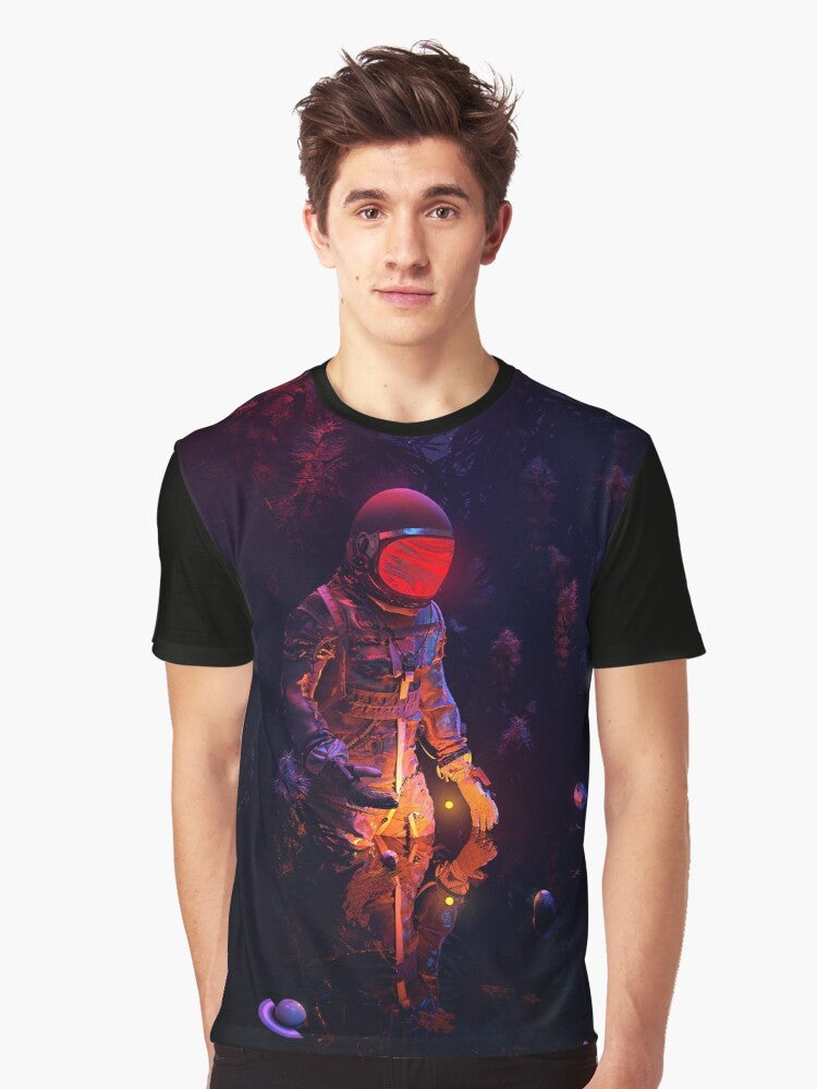 Stellar space graphic t-shirt featuring a cosmic, surreal design with planets, stars, and a celestial landscape. - Men