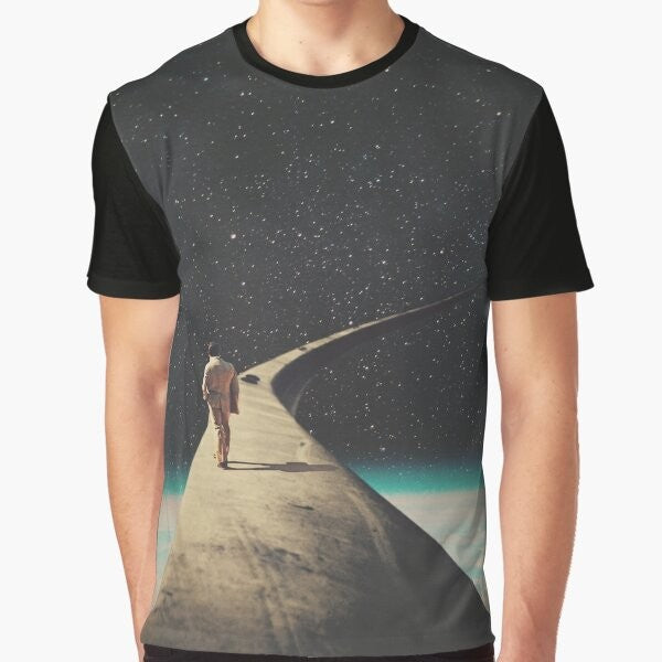 Vintage style graphic t-shirt featuring a surreal landscape with a lone wanderer on the road, symbolizing loneliness and the journey of life.