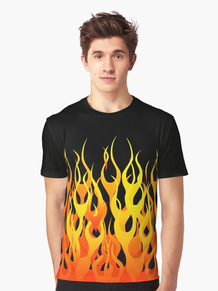 A high-quality graphic t-shirt featuring a dynamic racing flames design, perfect for car enthusiasts and motorsport fans. - Men