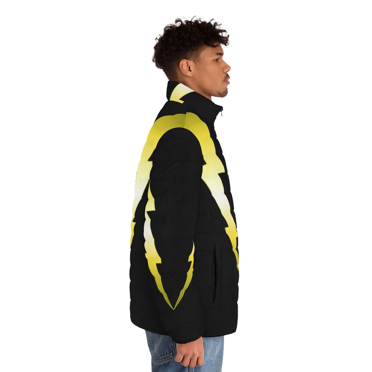 Stylish V Lightning Puffer Jacket with electric and comic book inspired design - men side right