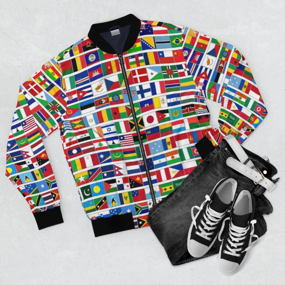 Bomber jacket featuring flags of all countries in the world for international events - Flat lay