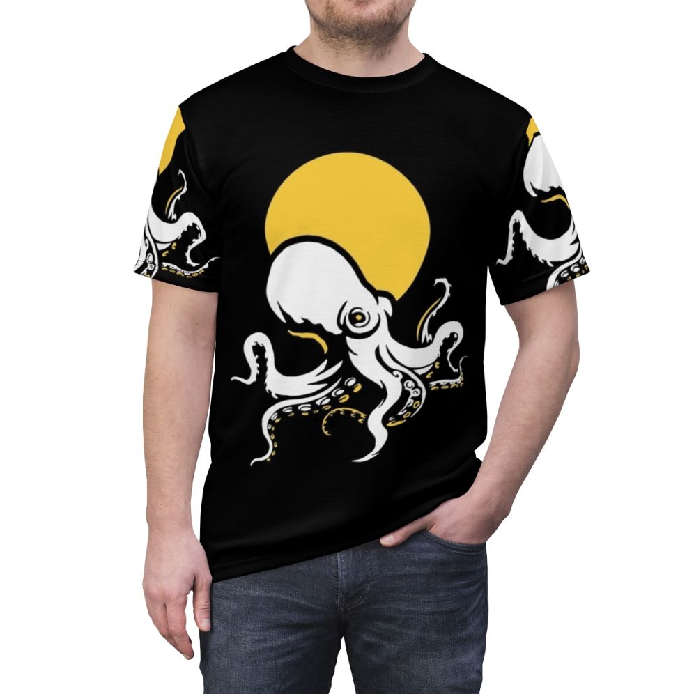 Photograph of a person wearing a t-shirt with a detailed, colorful octopus design - men front