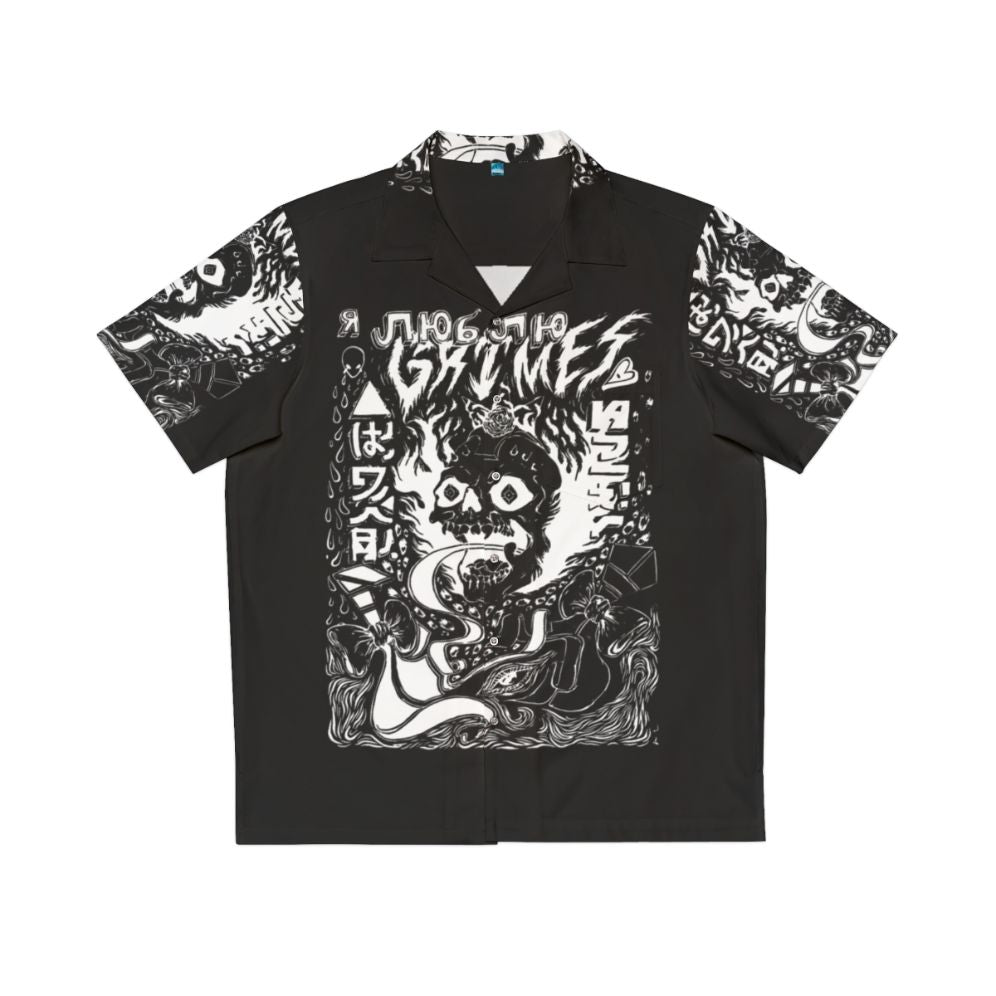 Grimes Visions Occult Hawaiian Shirt in Black and White Aesthetic