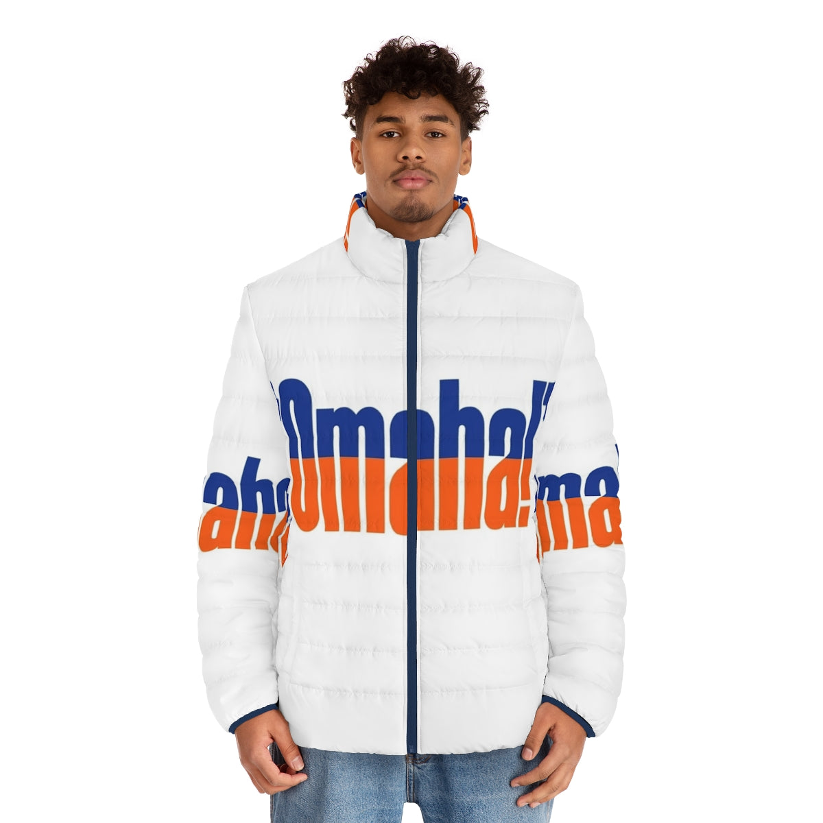 Man wearing a blue and orange puffer jacket with the Denver Broncos logo - men front