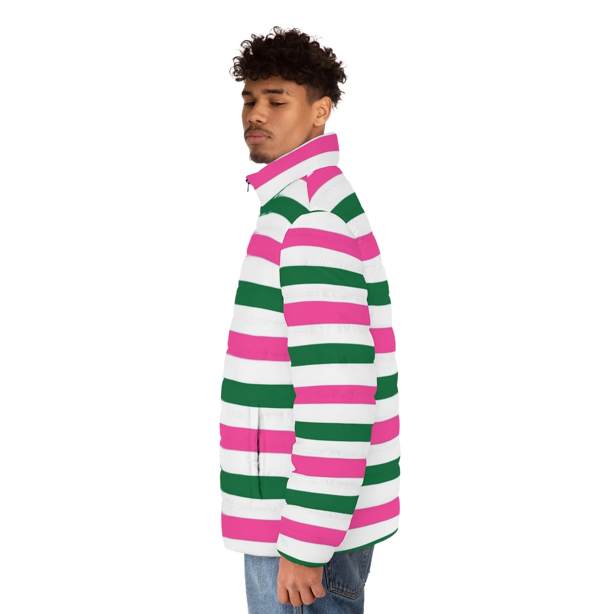 Deckchair-inspired striped puffer jacket in forest green and hot pink - men side left