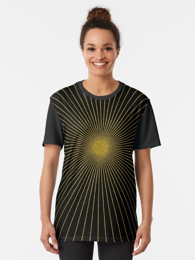 Black gold glitter geometric sun rays, glam, gold sparkle, geometric abstract diagonal art graphic t-shirt - Women