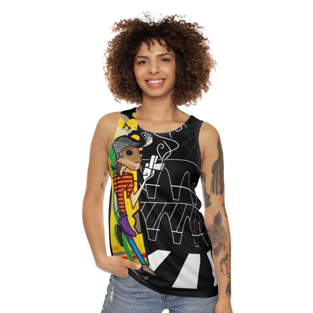 Colorful unisex tank top with pop art "The Trickster" design - women