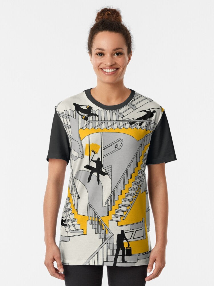 A surreal and dimensional graphic t-shirt design featuring architectural elements, home improvement themes, and a geometric, impossible structure. - Women