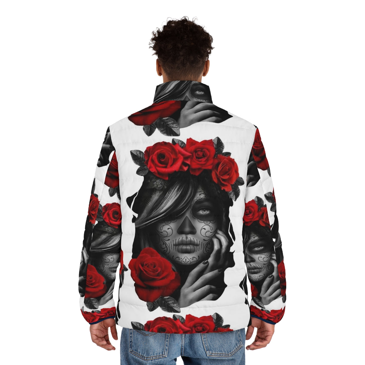 Woman wearing a Day of the Dead themed puffer jacket with sugar skull and floral design - men back