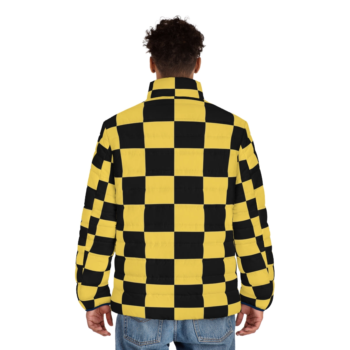 Black and yellow checkered patterned puffer jacket - men back