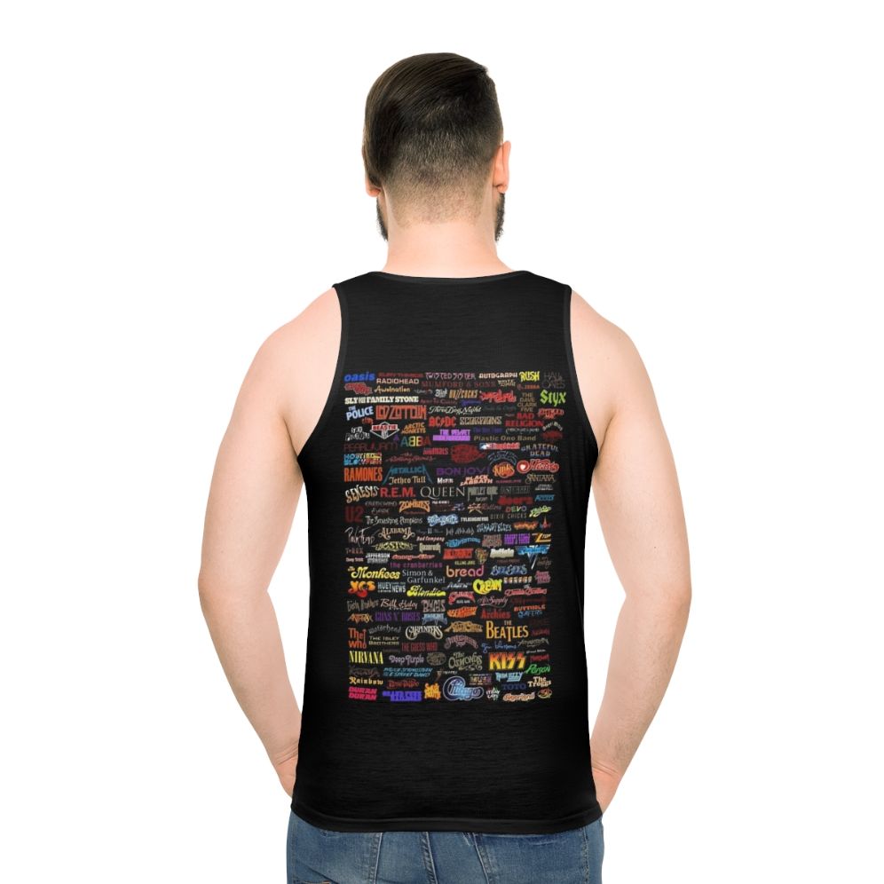 Vintage rock bands poster design on a unisex tank top - men back